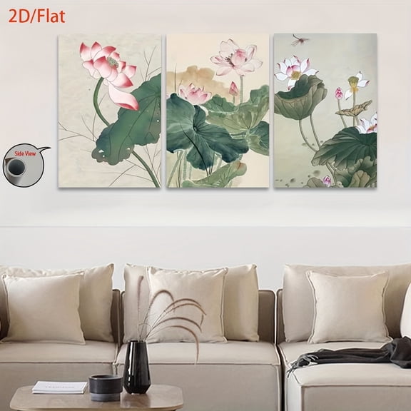 2D Flat 3pcs/Set, 2D Flat Canvas Paintings- Frameless, Exquisite Chinese- Style for Lotus Wall Art for Home Decor, Posters And Prints, Midsummer Festival, All Saints' Day, Home Decor, Holiday Gifts,