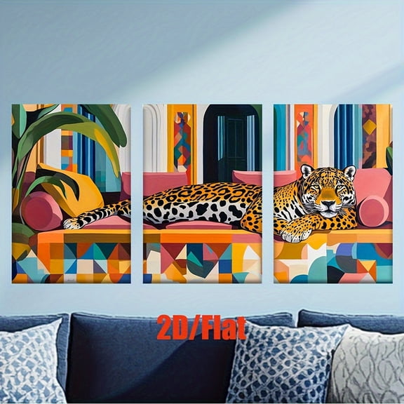 2D Flat, 3pcs/Set, 2D Flat Canvas Paintings-Frameless, A Leopard Laying on Couch Posters And Prints, Living Room, Office, Library, Bar, Cafe, Abstract Art, Home Decoration, Perfect Birthday, Holiday