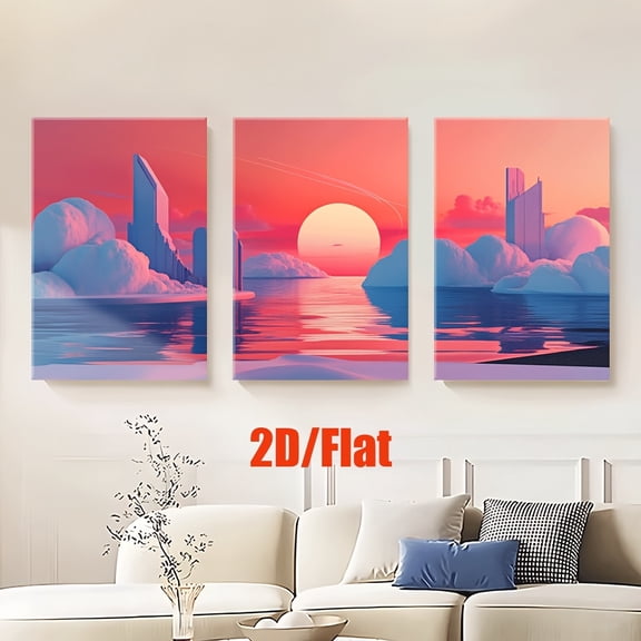 2D Flat 3pcs/Set, 2D Flat, Scroll Poster, A Sunset Scene with Iceberg in Middle of Ocean Posters And Printed Materials, Living Room, Office, Library, Bedroom, School, Cafe, Abstract Art, Home Decora