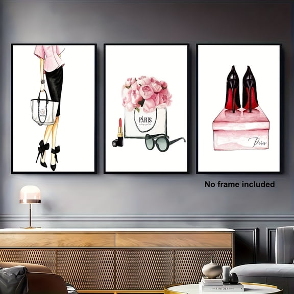 2D Flat, 3pcs Set, 2D Frameless Canvas Art, Fashionable Wall Decor Kit with Perfume-Themed Illustrations for Girls' Room – Elegant Flat 2D Design Perfectly Suited to Home Décor