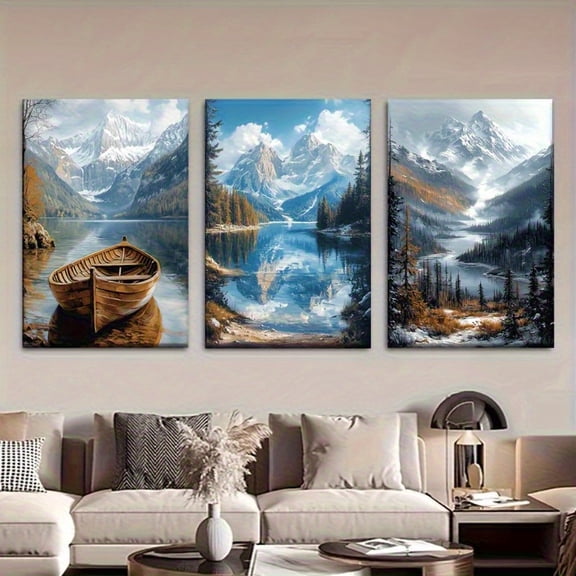 2D Flat, 3pcs Set Abstract Mountain Lake Landscape Triptych Paintings - Serene Blue & White Valley Canvas Wall Art, Unframed Nature Scenes (Lake, Forest, Peaks) for Living Room, Office, Cafe - Minim
