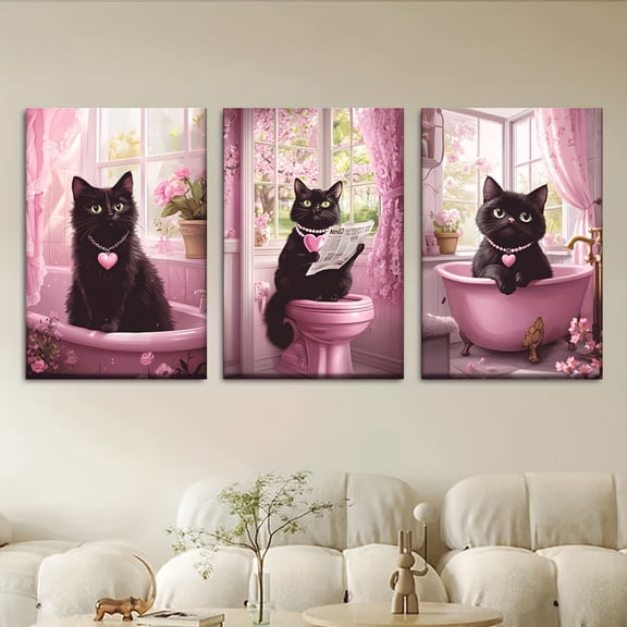 2D Flat 3pcs/Set, Canvas Painting- Frameless, Black Cat Bathroom Lovely Reading Newspapers, Posters and Prints, Living Room, Library, Office, Cafe, Bar, Abstract Art, Perfect Birthday, Holiday Gifts