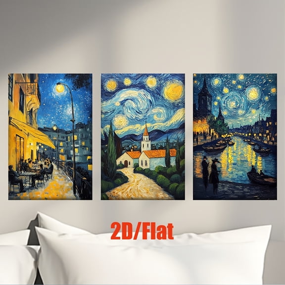 2D Flat 3pcs/Set, Canvas Paintings-Frameless, Van Gogh Art Style Starry Street, Posters And Prints, Abstract Art,