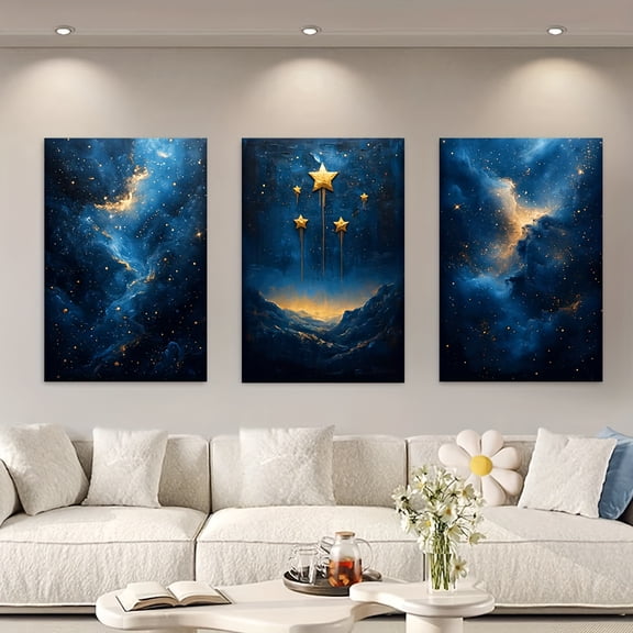 2D Flat, 3pcs Set Deep Blue & Golden Night Sky Starry Night Abstract Wall Art - Unframed Wrapped Canvas Prints, Modern Blue & Golden Paintings for Living Room, Bedroom, Office Decor - Perfect Birthd