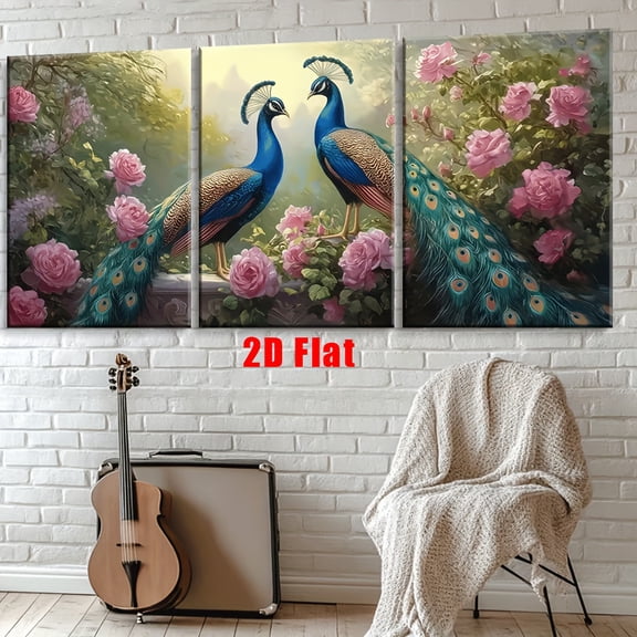 2D Flat, 3pcs Set Frameless Canvas Wall Art - Two Peacocks in Front of Pink Roses, Vibrant Abstract Floral Design, Perfect for Living Room, Office, Bedroom, School, Cafe Decor - Ideal Birthday, Chri