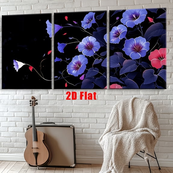 2D Flat, 3pcs Set Frameless Canvas Wall Art - Vibrant Purple & Red Flowers on Black, Abstract Floral Prints for Living Room, Office, Bedroom, School, Cafe, Home Decor, Perfect Birthday, Holiday Gift