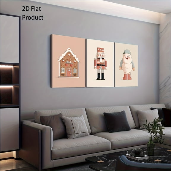 2D Flat, 3pcs Set Minimalist Vector Art Frame Set - Modern Gingerbread House, Nutcracker and Snowman Wall Decor, Soft Pink & Beige Frameless Canvas Prints, Suitable For Christmas, Halloween, Room -
