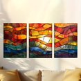thumbnail image 1 of 2D Flat, 3pcs Stained Glass-Style Sunset Triptych Wall Art Set - Frameless Vertical Canvas Paintings, Multicolor Mosaic Panels (Red/Yellow/Green/Blue/Brown) for Living Room, Office, - Modern Minimal, 1 of 4