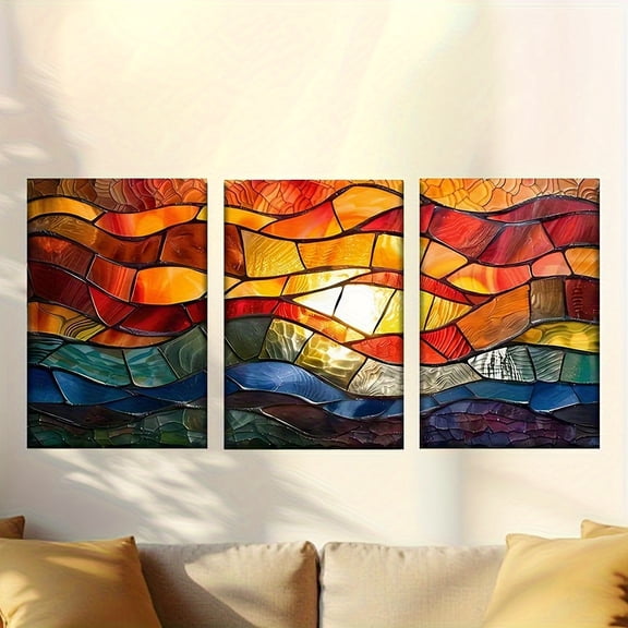 2D Flat, 3pcs Stained Glass-Style Sunset Triptych Wall Art Set - Frameless Vertical Canvas Paintings, Multicolor Mosaic Panels (Red/Yellow/Green/Blue/Brown) for Living Room, Office, - Modern Minimal