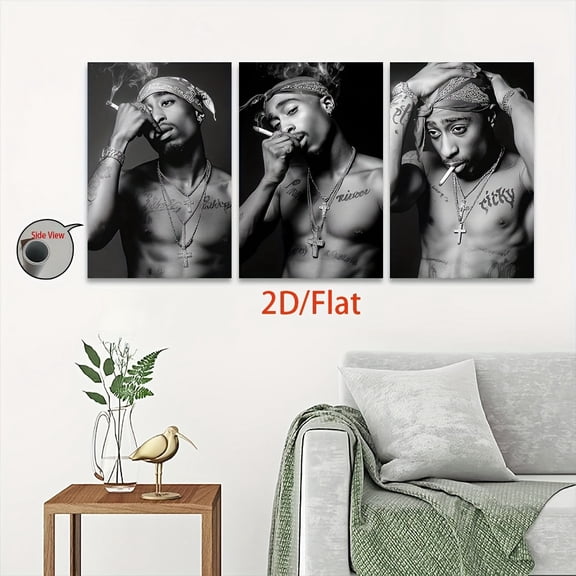 2D Flat 3pcs Tupac-Inspired Hip-Hop Art Print Set - Frameless Canvas Wall Decor for Living Room, Bedroom, Office - Stylish Black & White Portrait Prints, Perfect for Halloween, Christmas, Birthday G