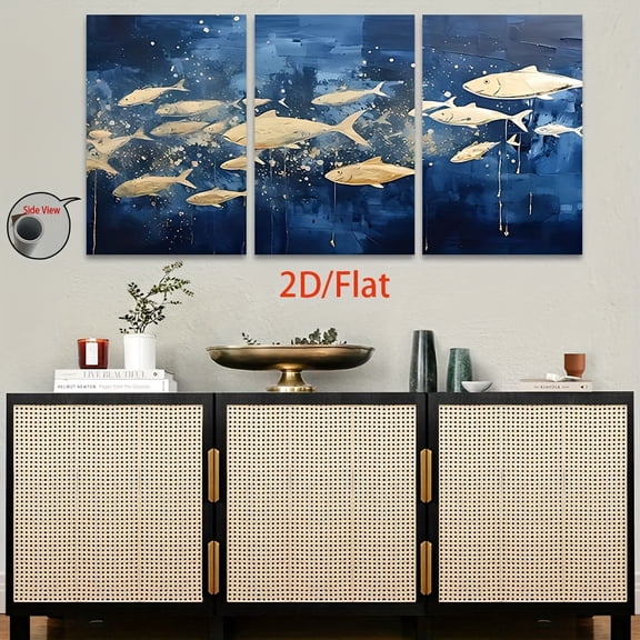 2D Flat 3pcs Underwater Fish Art Print Canvas Wall Decor - Frameless Ocean-Themed Posters with Golden Fish & Coral Reef Design, Vertical Wall Art for Living Room, Kitchen, Home Office - Indoor Holid