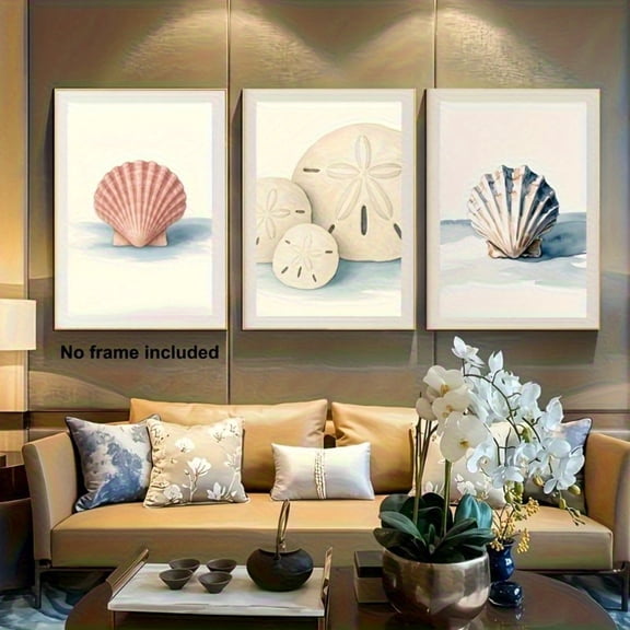 2D Flat, 3pcs, Unframed Canvas Art, Living Room Decorative Paintings, Shell Wall Decor Set - 3 Coastal Watercolor Paintings, Beach Decoration, Unframed, Wall Decoration, 2D Flat