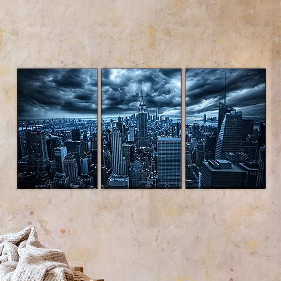 [2D Flat] 3pcs Unframed Cityscape Canvas Art - Dramatic Skyscraper & Cloudy Sky Panoramas, Polyester Fiber, Perfect for Living Room, Office, or Bar Decor, Ideal Gift for Birthdays, Holidays, and Mor