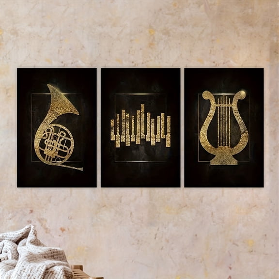 [2D Flat] 3pcs Unframed Golden Musical Instrument Canvas Art Set - Polyester, Frameless Posters for Living Room, Office, Library, Bar, Cafe - Perfect Gift for Birthdays, Holidays, Easter, April Fool