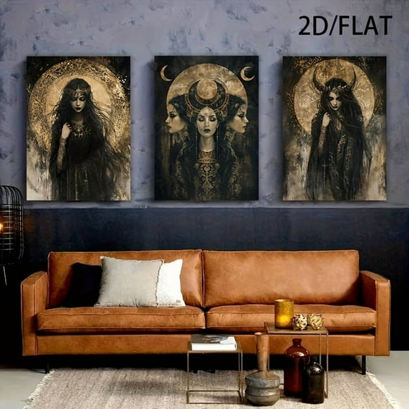 2D Flat, 3pcs Unframed Hecate Triple Moon Goddess Poster - Mystical Art, Black Golden Canvas Wall Decor for Living Room, Bedroom, Fantasy Goddess Art Print, Wizard Wall Art, Home Decoration, Gothic