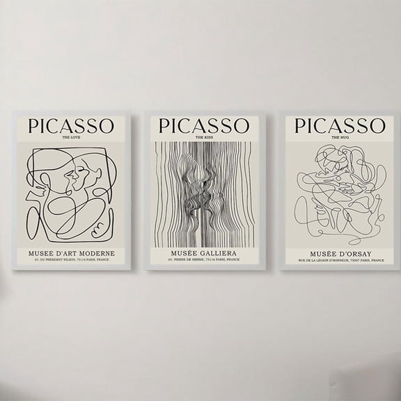 2D Flat 3pcs Unframed Picasso Abstract Female Line Wall Art Prints for Bedroom Picasso The Kiss The Love The Hug Poster Wall Decor Set Black White Minimalist Canvas Paintings Gallery Ehibition Print
