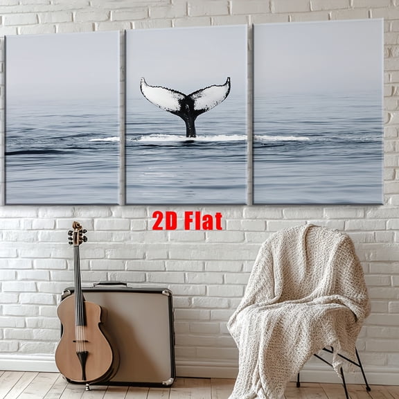 2D Flat 3pcs Whale Tail Flare Canvas Wall Art - Frameless, Abstract Marine Life Posters for Living Room, Office, Bedroom, School, Cafe Decor - Ideal for Birthdays, Holidays, Weddings, Graduations, a