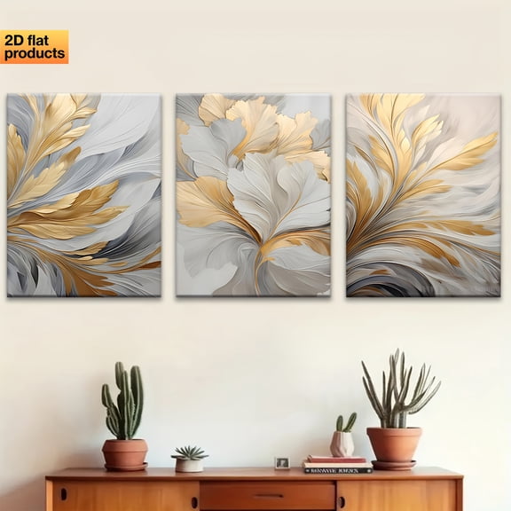 2D Flat, 3pcs Of Wooden Framed Wall Art, Canvas Wall Art Painting with Golden And White Leaves Aesthetic Canvas Printing Mural, Creative Art Design, Ideal Gift for Living Room, Bedroom,