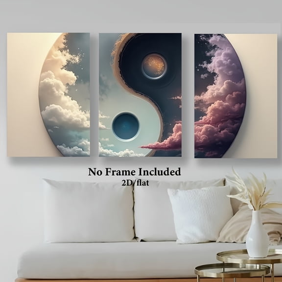 2D Flat 3pcs Yin Yang Symbol Canvas Wall Art Set - Frameless, Cloud & Planet Design, Ideal for Home, Office, Bar, Classroom Decor - Perfect Gift for Father'S Day, Graduation, Independence Day, Dormi