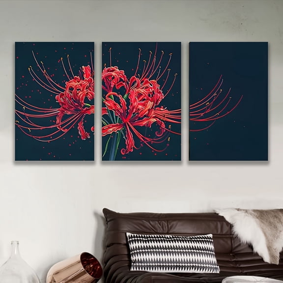 2D Flat 3pcs, decorative painting--frameless, Vibrant Red Spider Lily Flower Art Print, Holiday gifts, birthday gifts, Mothers Day, Fathers Day, home decor, 2D/Flat, Posters and print