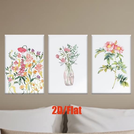 2D Flat 3pcs/set, 2D Flat Canvas Art - Frameless Watercolor Floral Posters, Vibrant Home & Office Decor, Perfect for Living Room, Cafe, or Gift, Gift Ready Art|Vibrant Wall Art|Classic Style Art, Ca