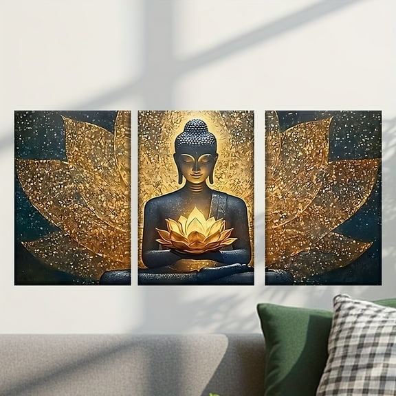 2D Flat, 3pcs/set, 2D Flat Canvas painting--Unframed, a buddha statue sitting on top of a for Lotus, Posters and prints, living room, office, bar, library, cafe, abstract art, perfect birthday, Home