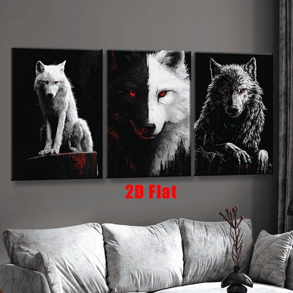 2D/Flat, 3pcs/set, Canvas Paintings-frameless, A Black and White Wolf with Red Eyes, Wall Decorations, Happy New Year, Office Decor, Home Decoration, Holiday Gift, Library, Cafe, Abstract, Wall Art,