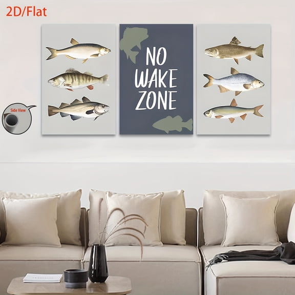 2D Flat, 3pcs/set Frameless Canvas Wall Art Prints - No Wake Zone Sign for Lake with Fish Illustrations, Spray-Painted Vertical Wall Decor for Living Room, Office, Bar, Cafe - Home Decor, Holiday, B