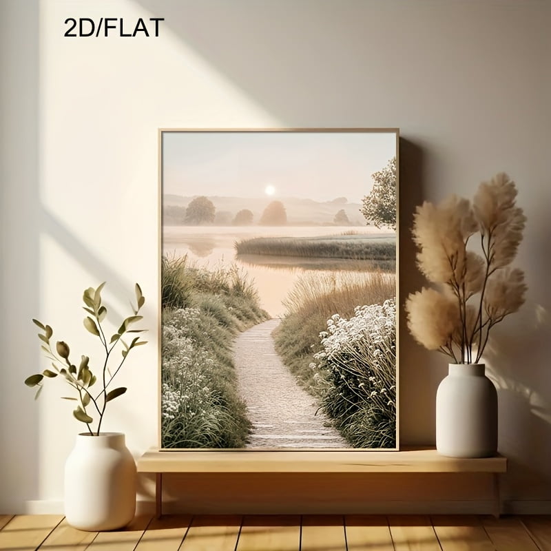 2D Flat, 3pcs/set Of Rustic Lake, Sunset, Reed Natural Landscape Wall ...