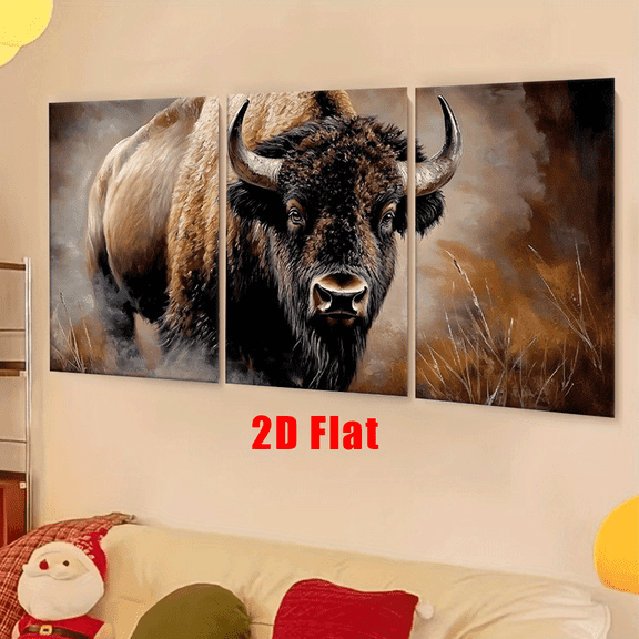 2D/Flat, 3pcs/set, canvas paintings-frameless, Bison standing in the grass, Posters and prints, living room, office decor, wall art, Bedroom, School, cafe, abstract, home decoration, perfect birthda