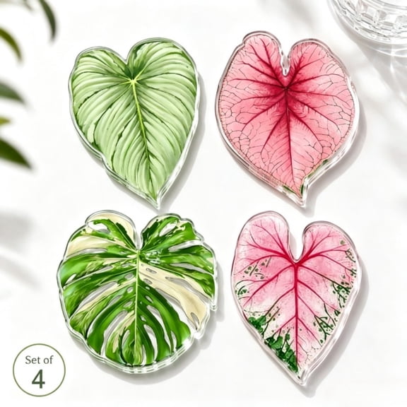 2D Flat 4 Pcs Acrylic Leaf Coaster Set, Popular Tropical Plant Themed Cup Mats