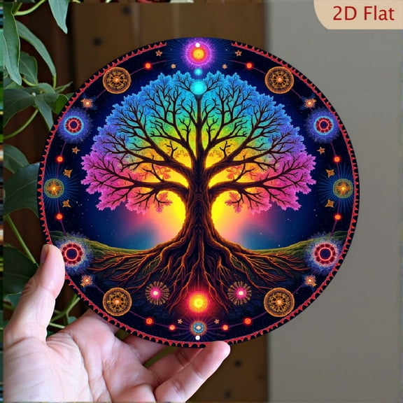 2D Flat, 8*8Inch Round Tree of Life Mandala Metal Wall Art Vibrant Aluminum with Golden Frame Colorful Glowing Orbs, Easy Hang Decor for Home, Office, Garden, or Bathroom