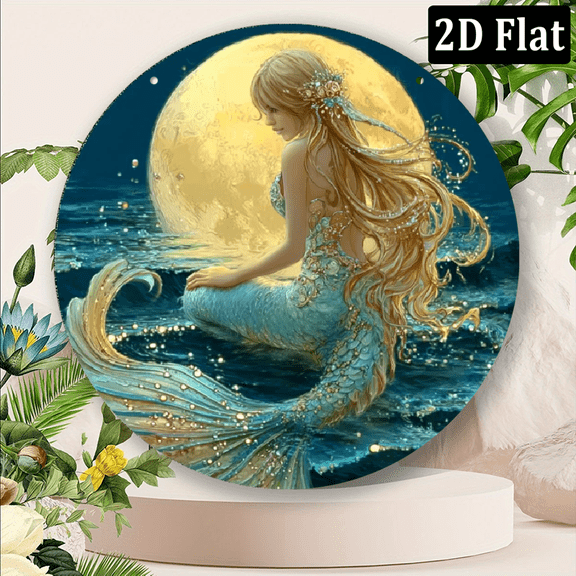 2D Flat, 8-Inch Round Aluminum Mermaid Wall Art - Vintage Pearl Starfish Design, Ocean-Themed Decor for Home, Bar, Cafe, Club, Dorm - Ideal Gift, Cafe Decoration Mermaid Wall Art Detailed