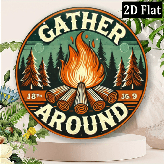 2D Flat 8-Inch Round Aluminum Sign with Cozy Campfire Pine Tree Design - GATHER AROUND Vintage Style Decor for Home, Kitchen, Garden, Porch Ideal for Restaurants, Cafes, Offices