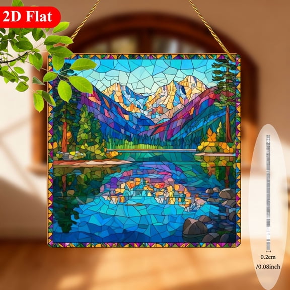 2D Flat, 8-Inch Square Acrylic Sunlight Catcher - Bohemian Mountain Lake Landscape Painting with Vibrant Multicolor, Lightweight Hanging Decor for IndoorOutdoor Use, Perfect Gift for Nature Lovers