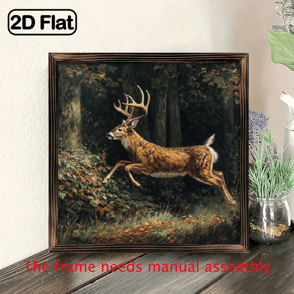 2D Flat, 8-inch Vintage The Running Deer WoodFramed Wall Tabletop Decor - Rustic Running Deer Painting Suitable for Home, Office, Caf, Ideal Christmas Gift, Retro Wood Signage for Plaques Door Hange.