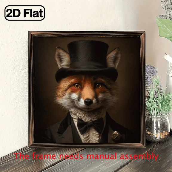 2D Flat, 8 x 8 Vintage Fox Wooden Wall Art - Farmhouse Style Rustic Decor with Formal Suit Fox Design, Perfect for Living Room, Bedroom, or Office, Handcrafted Wood Signage, Ideal Holiday Gift, Ho