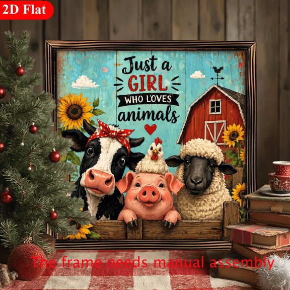 2D Flat, 8"x8" & 12"x12", Framed Printed Farmyard Animals Wood Panel Art, Playful Cartoon Design, Perfect for Living Room, Bedroom, Kitchen, Easter Gift
