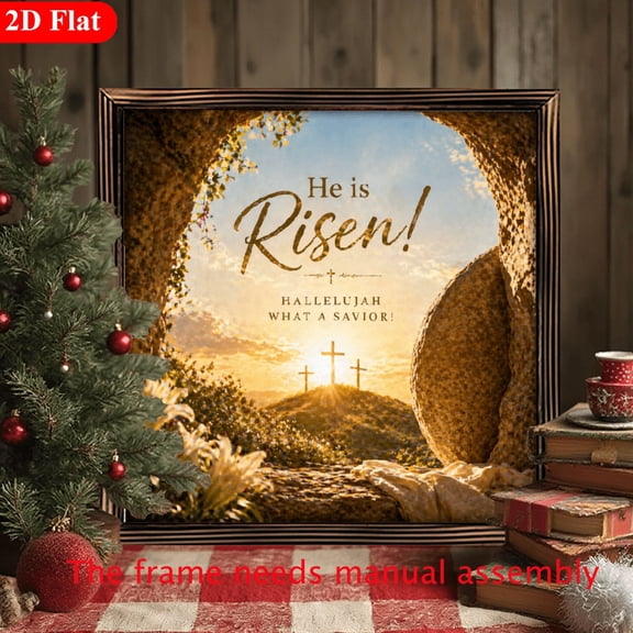 2D Flat, 8"x8" & 12"x12", Framed Printed Inspirational Easter Cross Wood Panel Art, Spring Faith Decor, Spiritual Christ Resurrection Design, Perfect for Easter, Holiday Gift