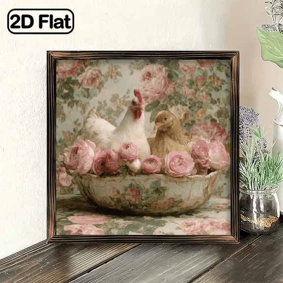 2D Flat, 8X8 Inch Wooden Framed Wall Art - Vintage Farmhouse Chicken Rooster, Rustic Hen Coop Decor for country, Porch, - 2D Flat Square Board for hanging, Frame Country Charm Gift Idea, 2D Flat