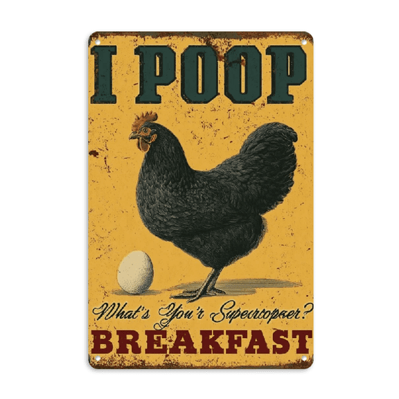 2D Flat, 8x12 Inch Funny Poop Breakfast Farm Sign Vintage Tin Metal Wall Art with Rooster Egg Design, Humorous Kitchen Bathroom Cafe Garage Decor, Rustic Home Decoration, Farm Decor, Retro Farmh