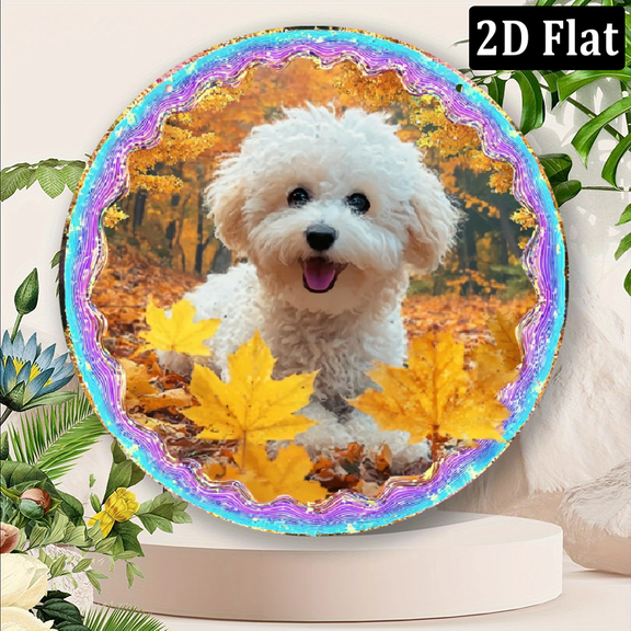 2D Flat 8x12inch Riund Metal Sign Autumn Forest Dog Decoration, Iron Outdoor Indoor Hanging Ornament for Garden, Patio, Weddings, Christmas, Halloween, Easter, Hanukkah, Graduation, Party Accessory