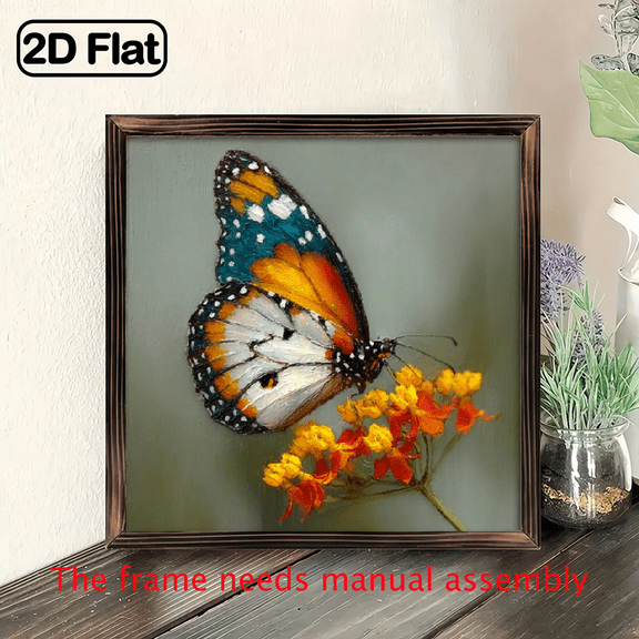 2D Flat - 8x8 Inch Farmhouse Wall Art - Butterfly Floral Wood Print in Wood Frame, Horizontal Living Room Kitchen Decor, No Electricity Needed, Easy to Hang, Kitchen Wall Frame, Italian Kitch