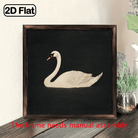 2D Flat, 8x8 Inch Framed Swan Wall Art - Elegant Black White Decor with Wood Frame, Ready to Hang for Home or Office Decoration, Serene Nature-Inspired Design, Framed Wall Ar