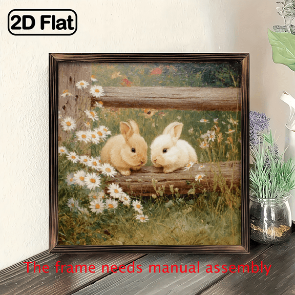 2D Flat, 8x8 Inch Framed Wall Art Painting - White Rabbits Daisies Pastoral Mural, Rustic Wood Frame Country Cottage Decor, Landscape for Bedroom, Themed Wood Panel Artwork
