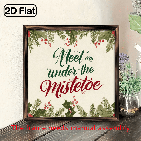 2D Flat, 8x8 Inch Handcrafted Wooden Christmas Sign - Meet Me Under the MistletoeVintage Wall Hanging, Rustic Holiday Decor for Bedroom or Entryway, No Power Needed, Classic Style, Wood Material