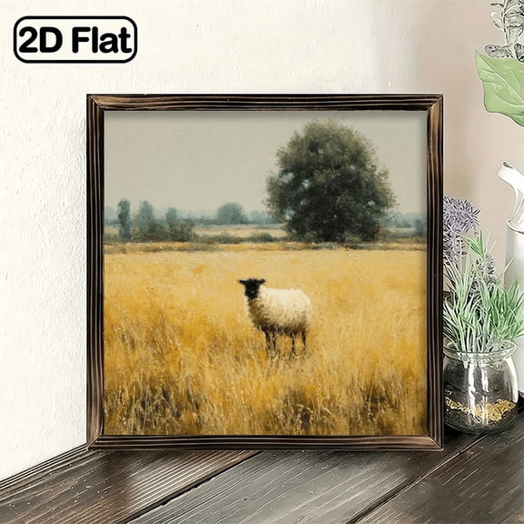 2D Flat, 8x8 Inch Hanging Decorative Sign, Heart Shaped Farm Sheep Painting Wall Decor Rustic Landscape Art Sign for Garden Outdoor Patio Living Room Bedroom Gift for Family F