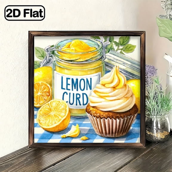 2D Flat, 8x8 Inch Hanging Decorative Sign, Lemon & Cupcake Wall Art Sign, Rustic Kitchen Dining Room Decor for Foodie Friends, Housewarming Gift, Cafe Bakery Entry