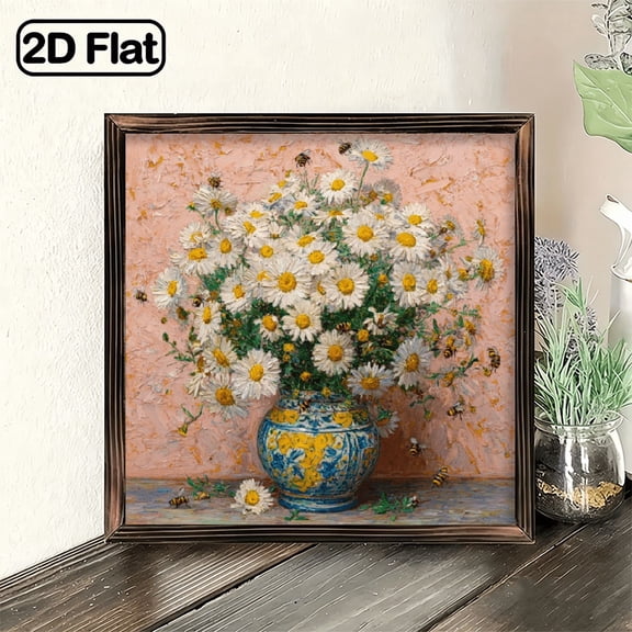 2D Flat, 8x8 Inch Heart Hanging Decorative Wall Plaque, Heart Shaped Wooden Hanging Sign Daisy Vase Floral Art Welcome Plaque for Front Door Patio Garden Living Room Bedroom Wall Decor, U
