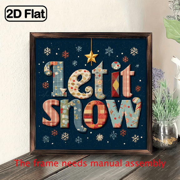 2D Flat, 8x8 Inch Let It Snow Wooden Wall Sign - Horizontal 2D Flat Panel Wood Christmas Winter Decor with Snowflake Let It Snow Phrase - Easy Wall-Mounted for Kitchen, Bathroom, Living Room